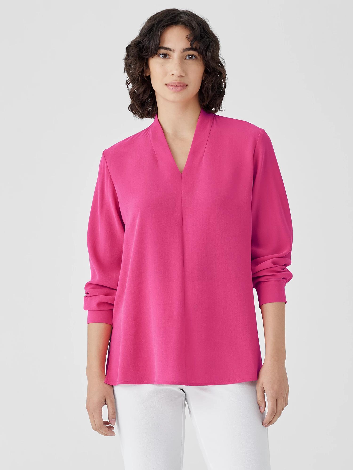 EILEEN FISHER Silk Georgette Crepe V-Neck Topfemale Product Image