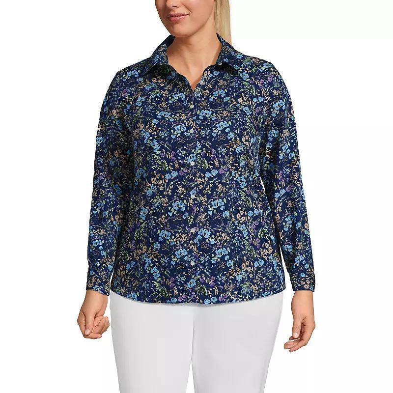 Plus Size Lands End Wrinkle-Free No Iron Button-Front Shirt, Womens Deep Blue Wildflower Product Image