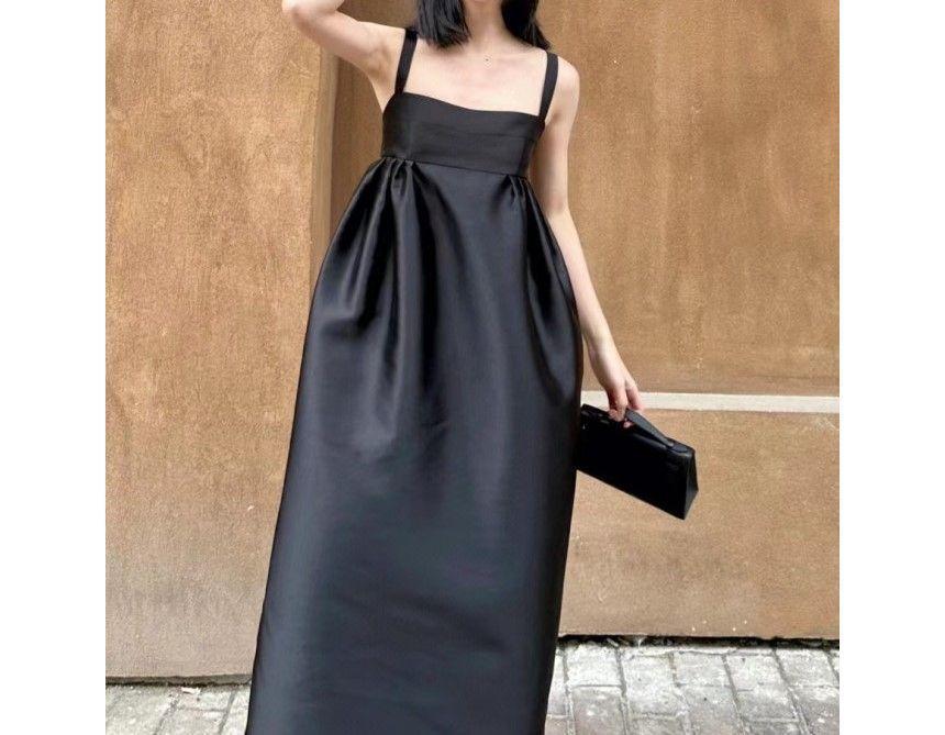 Spaghetti Strap Plain Open Back Slit Maxi A-Line Dress Product Image