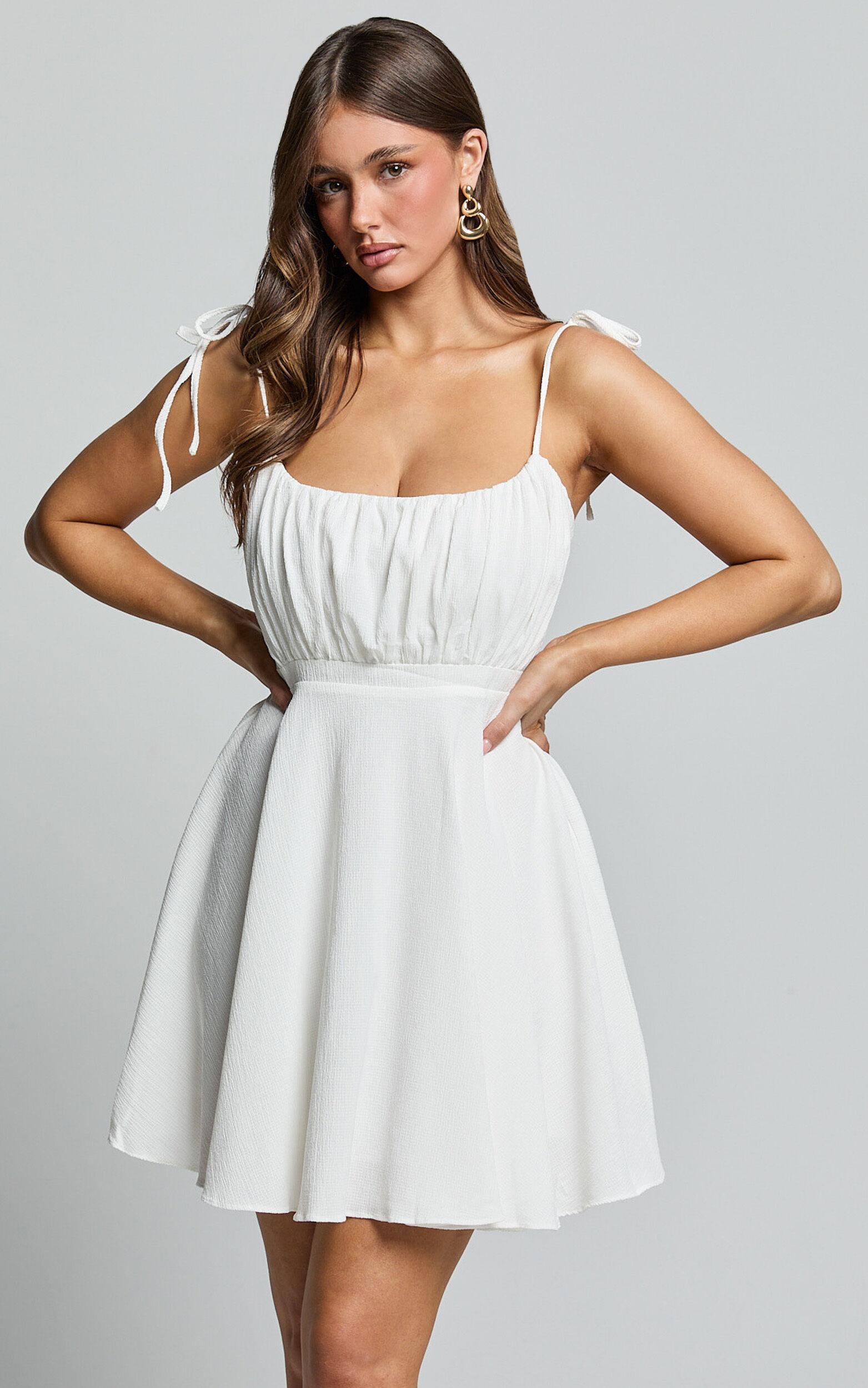 Aziah Mini Dress - Tie Shoulder Ruched Bodice Dress in White Product Image