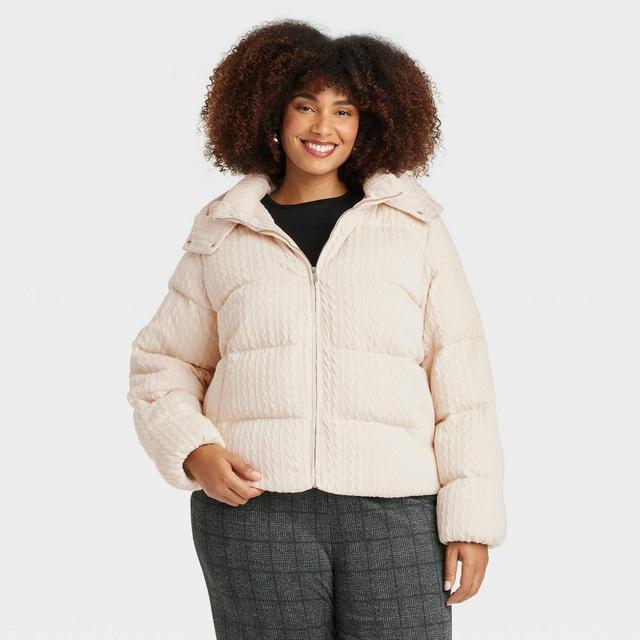 Womens Hooded Cable Puffer Jacket - A New Day Cream Product Image