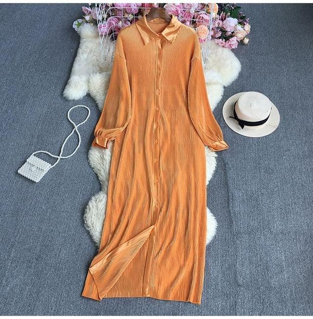 Long-Sleeve Button-Up Plain Maxi Dress Product Image