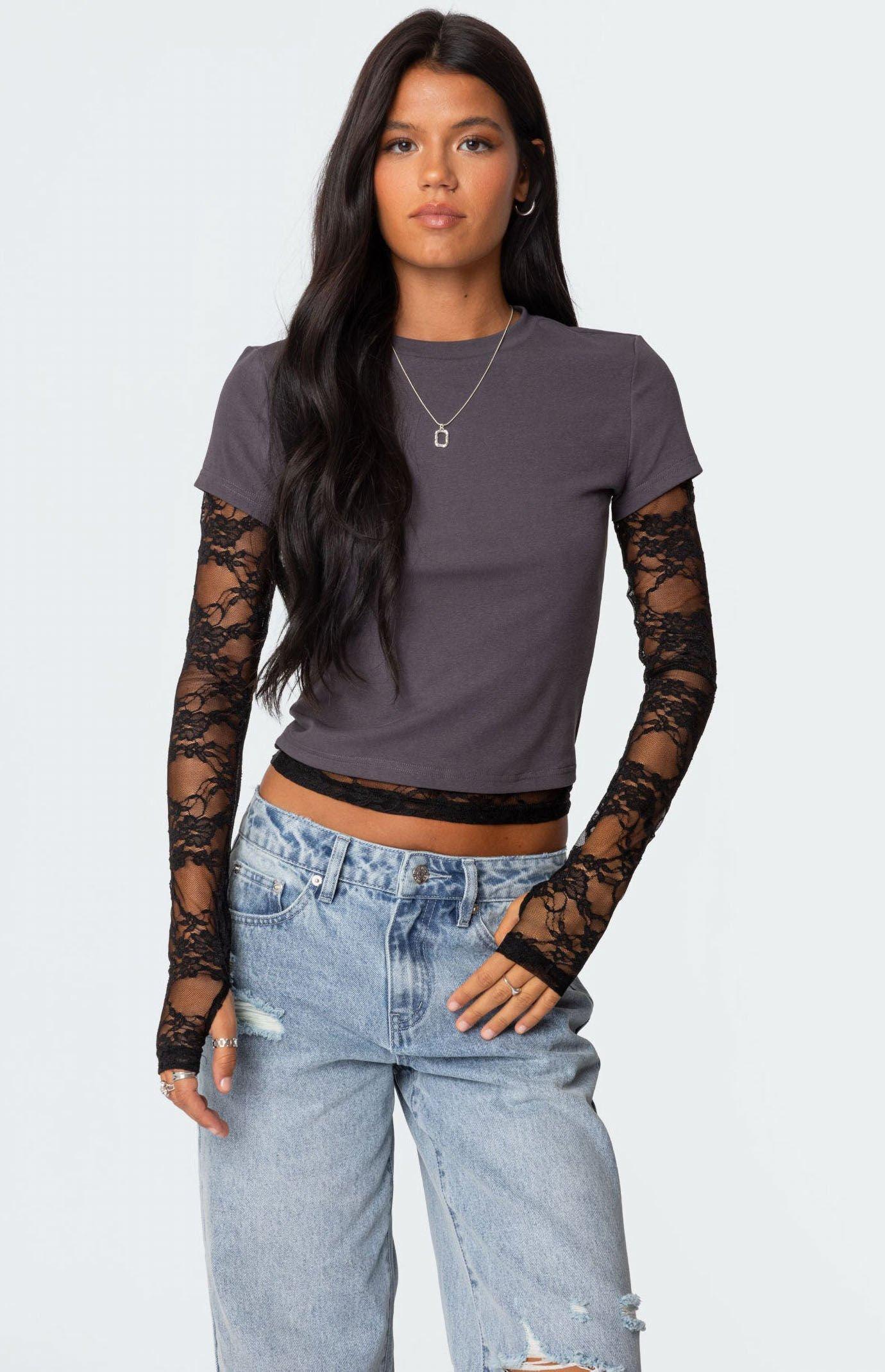 Edikted Women's Layered Lace Sleeve T-Shirt Product Image