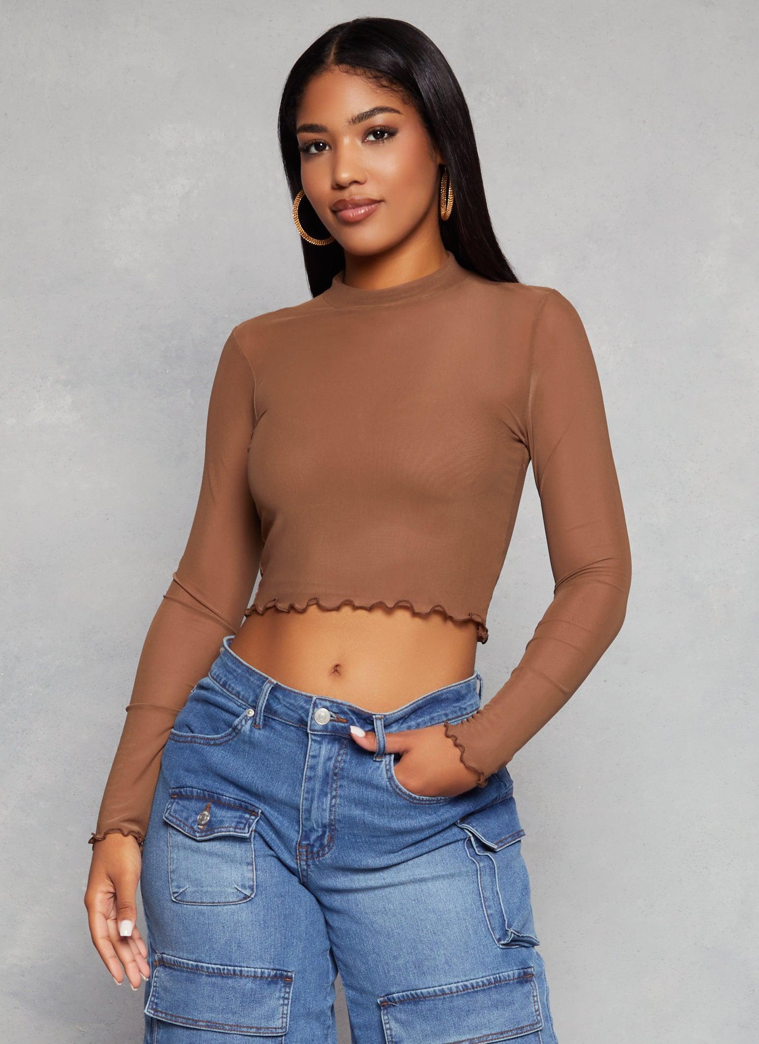 Womens Mesh Mock Neck Lettuce Edge Crop Top Product Image