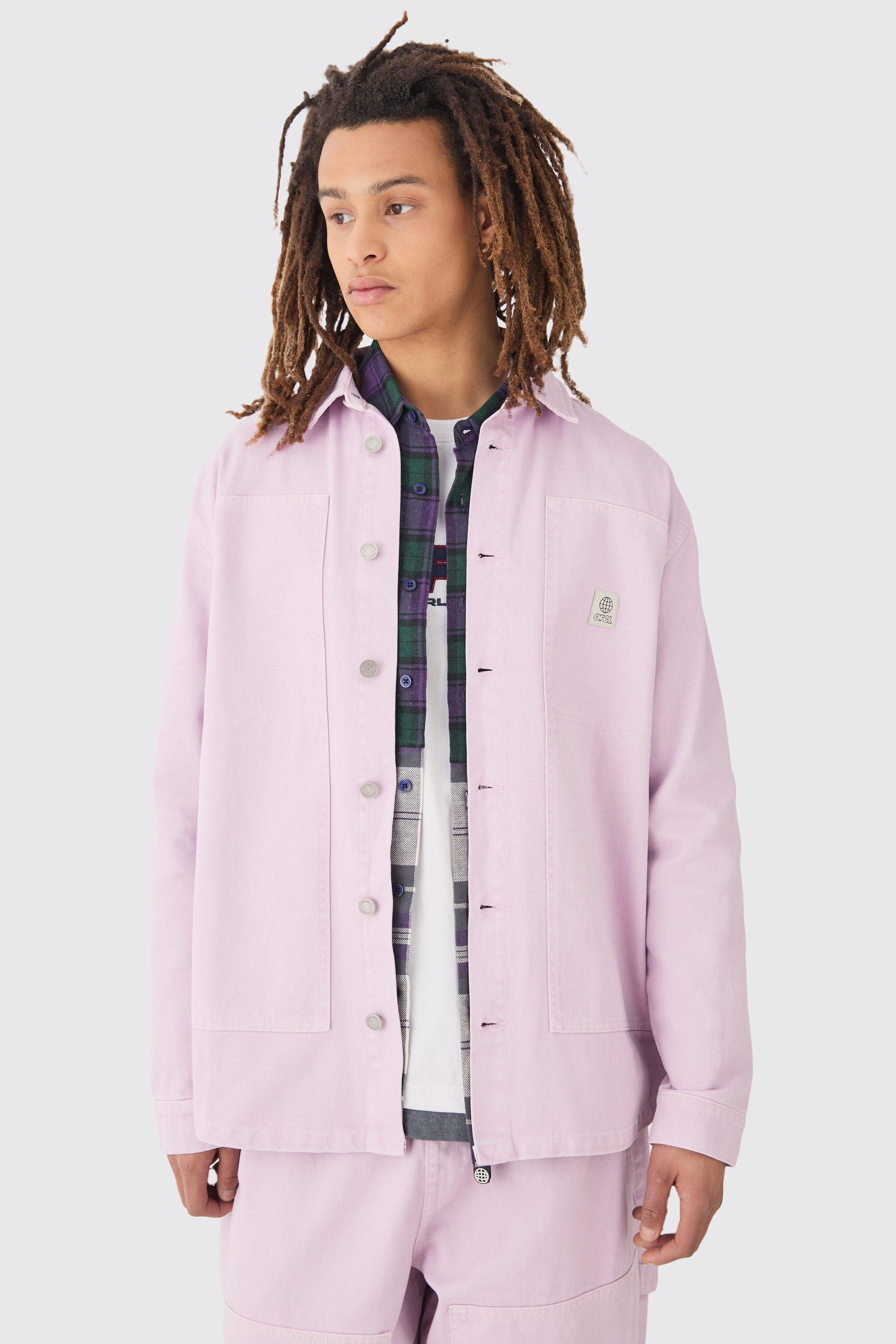 Crinkle Denim Overdyed Carpenter Detail Overshirt In Lilac | boohooMAN USA Product Image