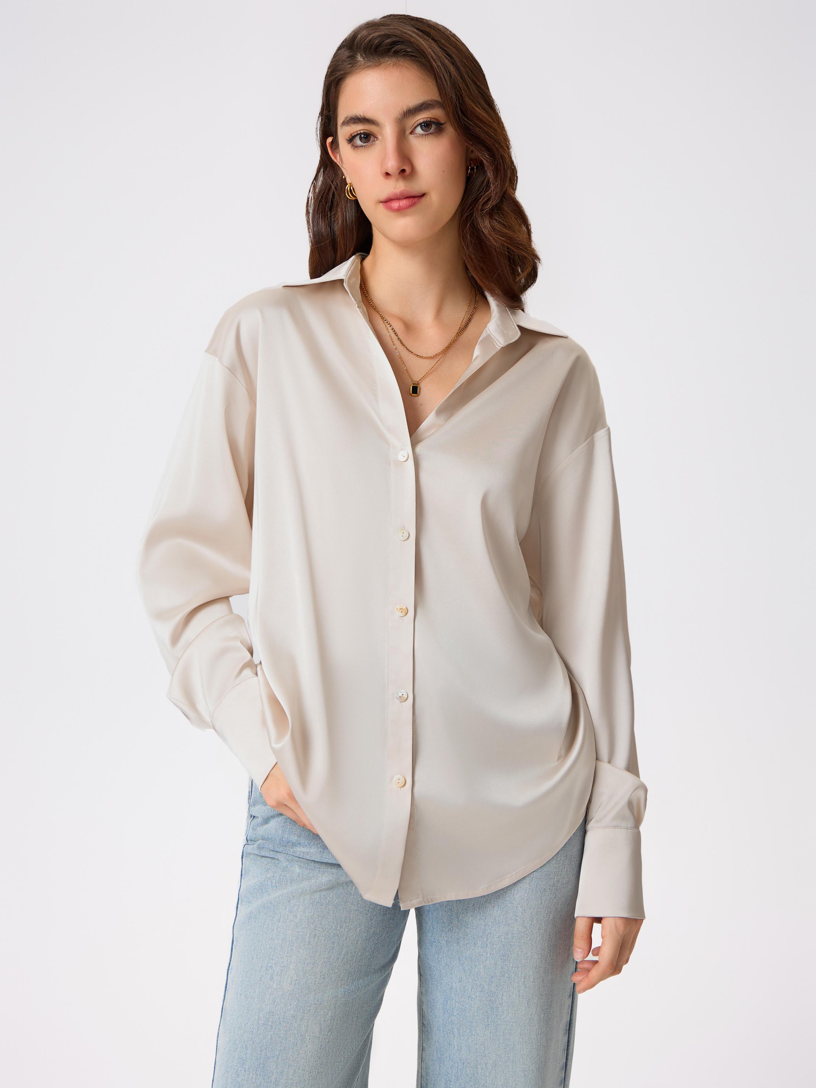 Satin Collar Solid Button Long Sleeve Blouse Product Image