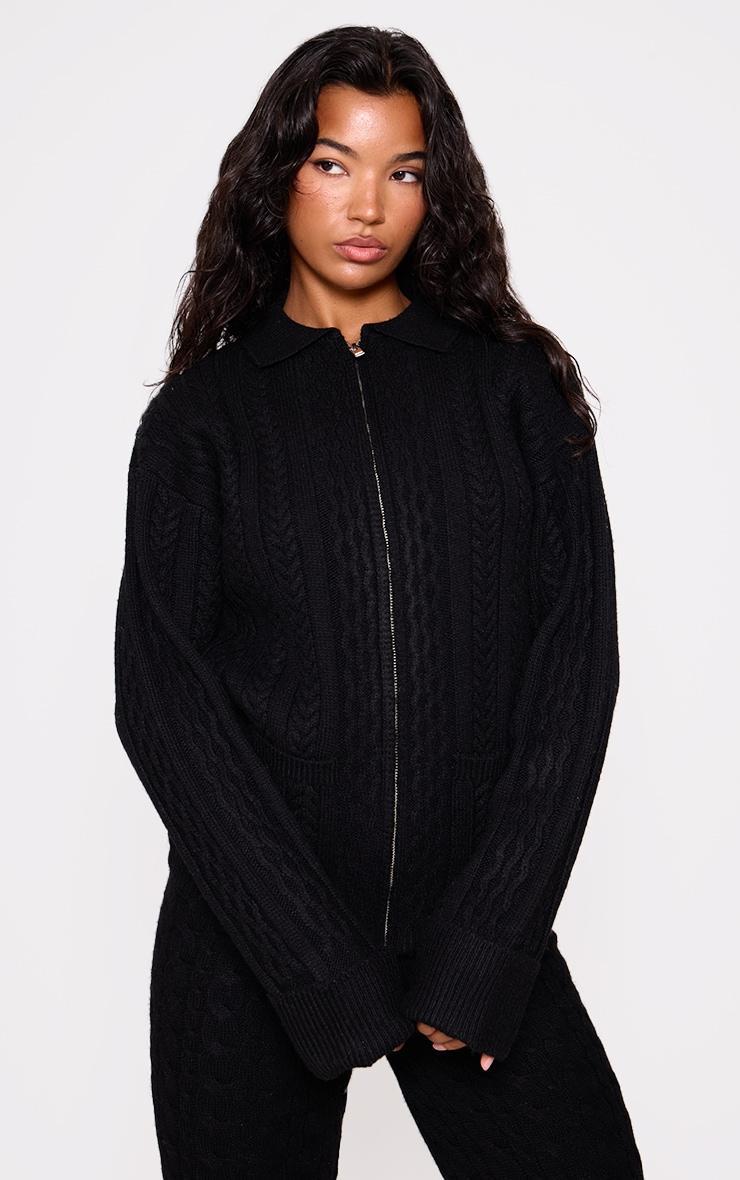 Black Cable Knit Collar Detail Zip Up Cardigan product image