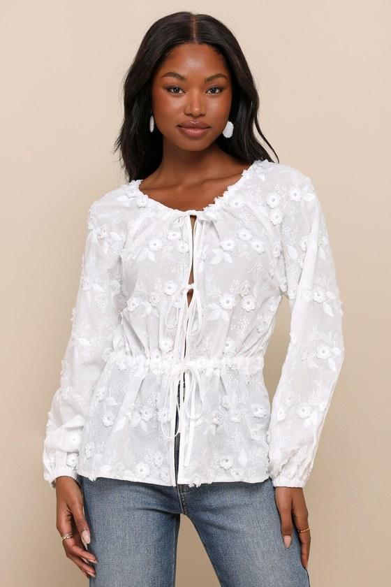 Wonderfully Darling White Embroidered Drawstring Tie-Front Top Product Image