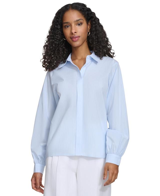 Women's Pinstriped Covered-Placket Long-Sleeve Blouse Product Image