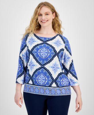 Plus Size Printed Jacquard 3/4-Sleeve Top, Created for Macy's Product Image