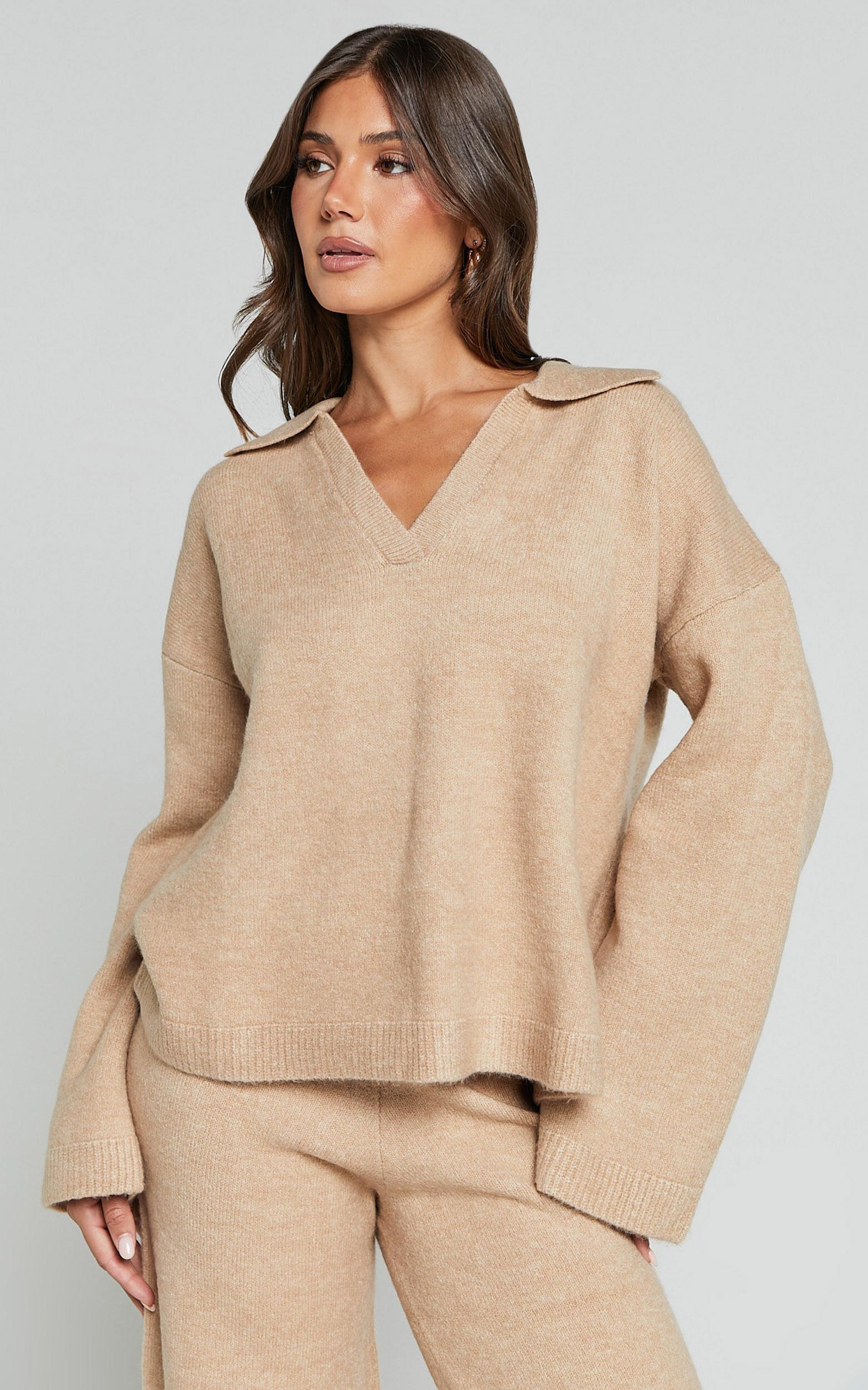 Livia Jumper - Knitted V Neck Collared Jumper in Beige Marl Product Image