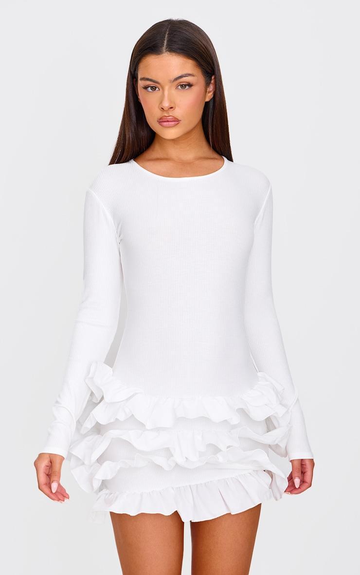 Cream Ribbed Long Sleeve Frill Mini Dress product image