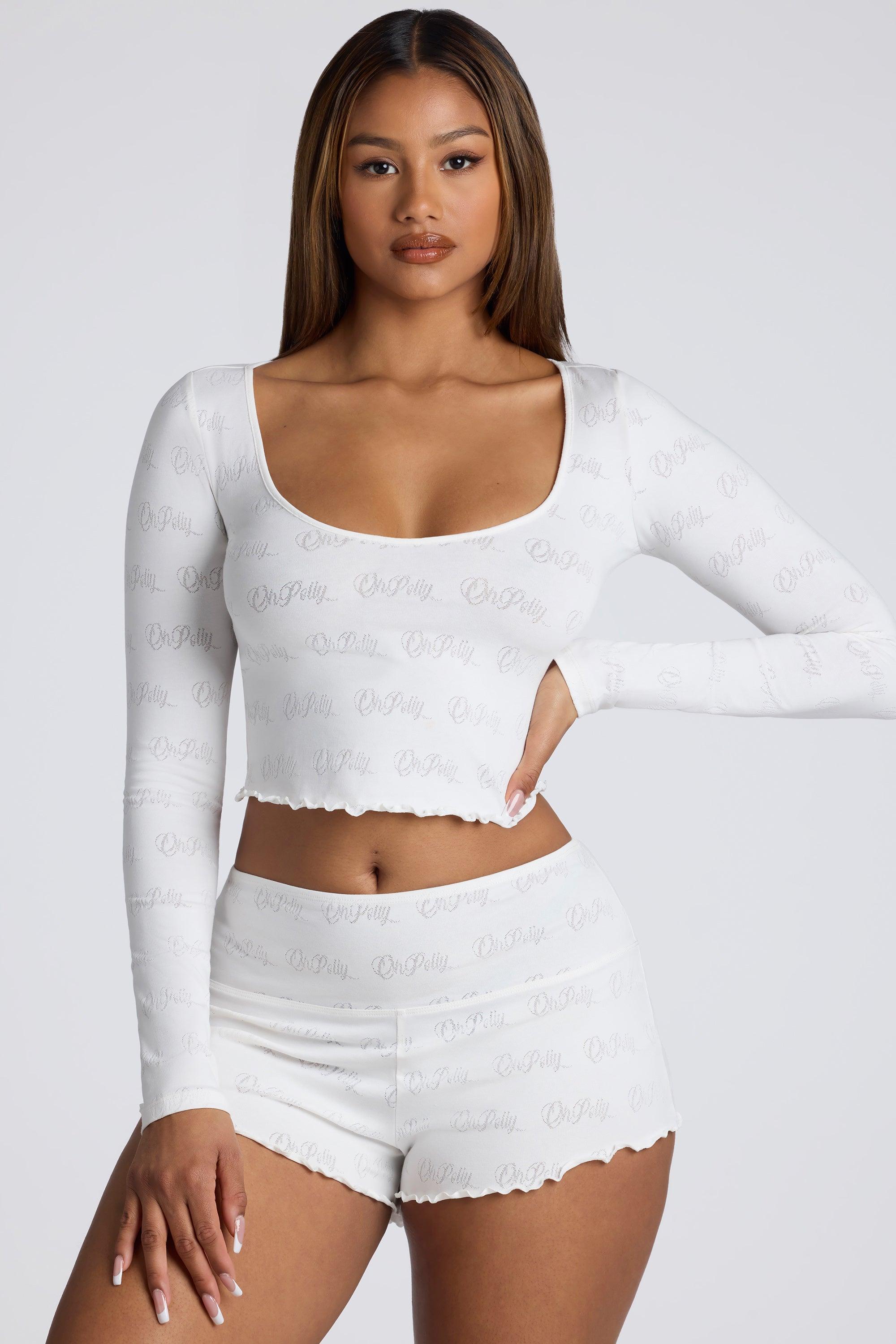 Long Sleeve Scoop Neck Pointelle Crop Top in White Female Product Image