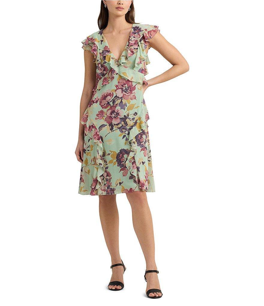 Lauren Ralph Lauren Georgette Floral Ruffle Trimmed V Neckline Dress Product Image