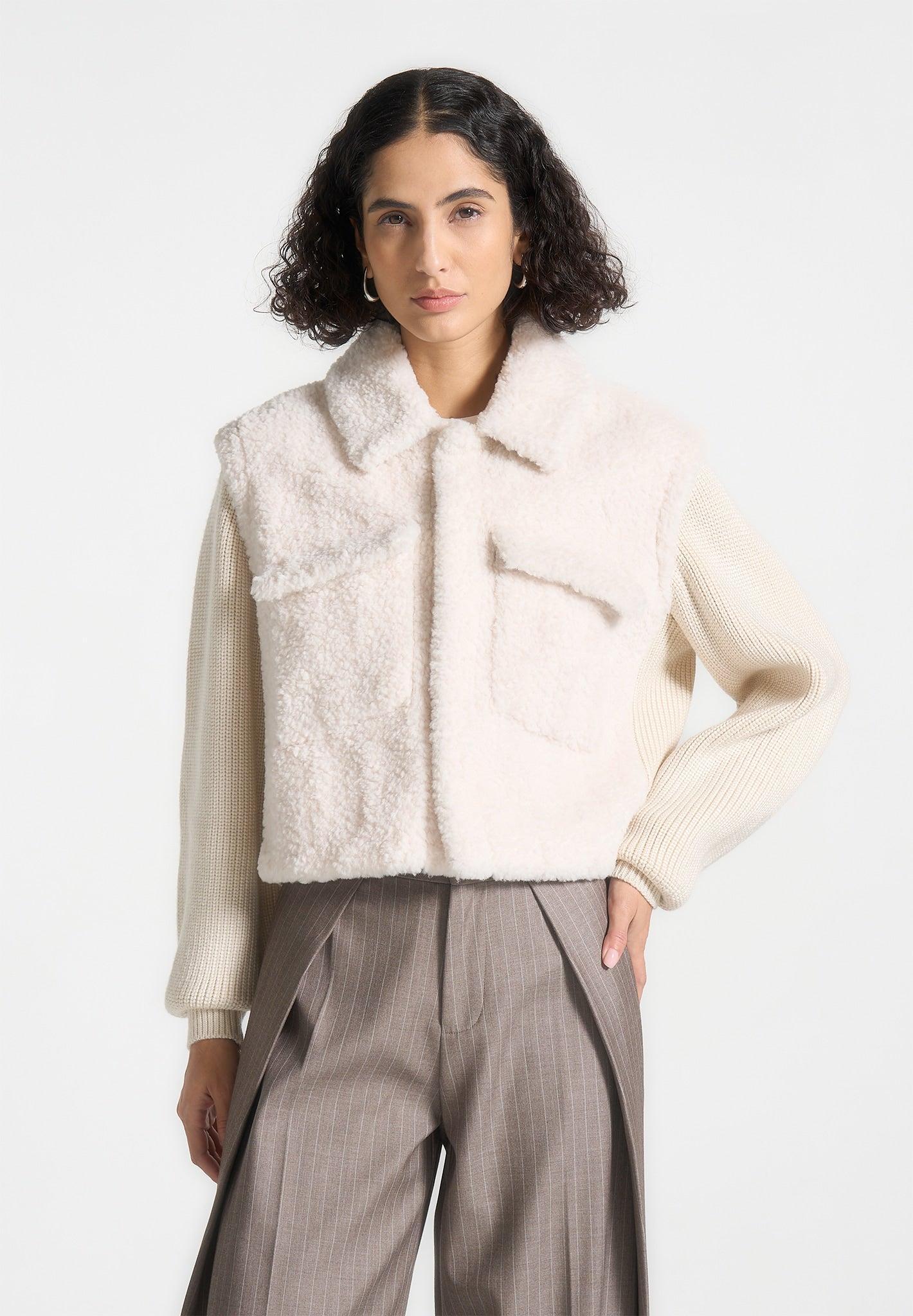 Plush Jacket With Knitted Sleeves - Cream Female Product Image