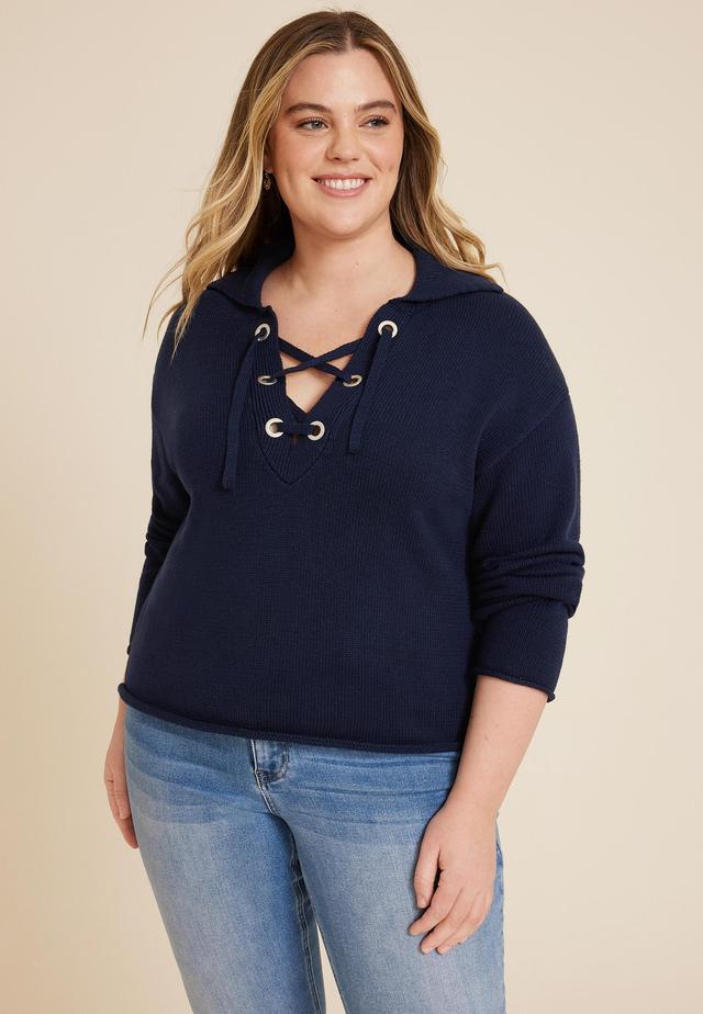 Maurices Plus Size Womens Lace Up Collared Sweater Blue Size 2X Product Image