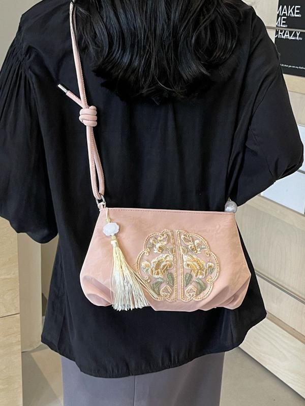 Embroidered Pleated Tasseled Zipper Crossbody Bags Product Image