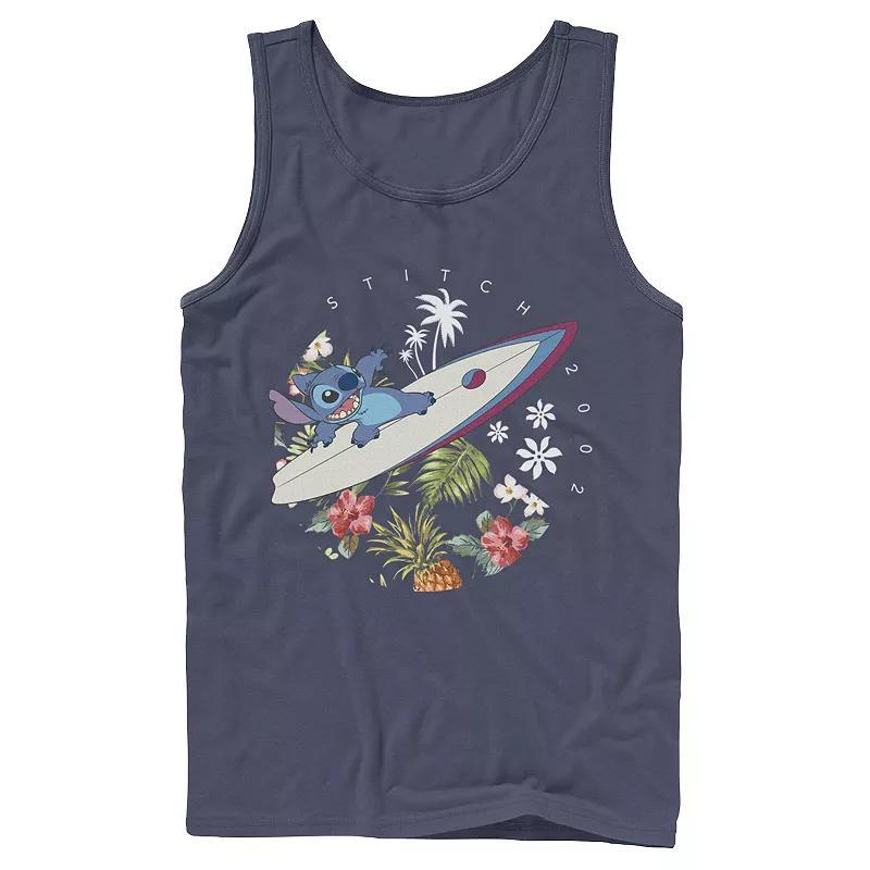 Mens Disney Lilo & Stitch Surfing Tropical Circle Portrait Tank Top Blue Product Image