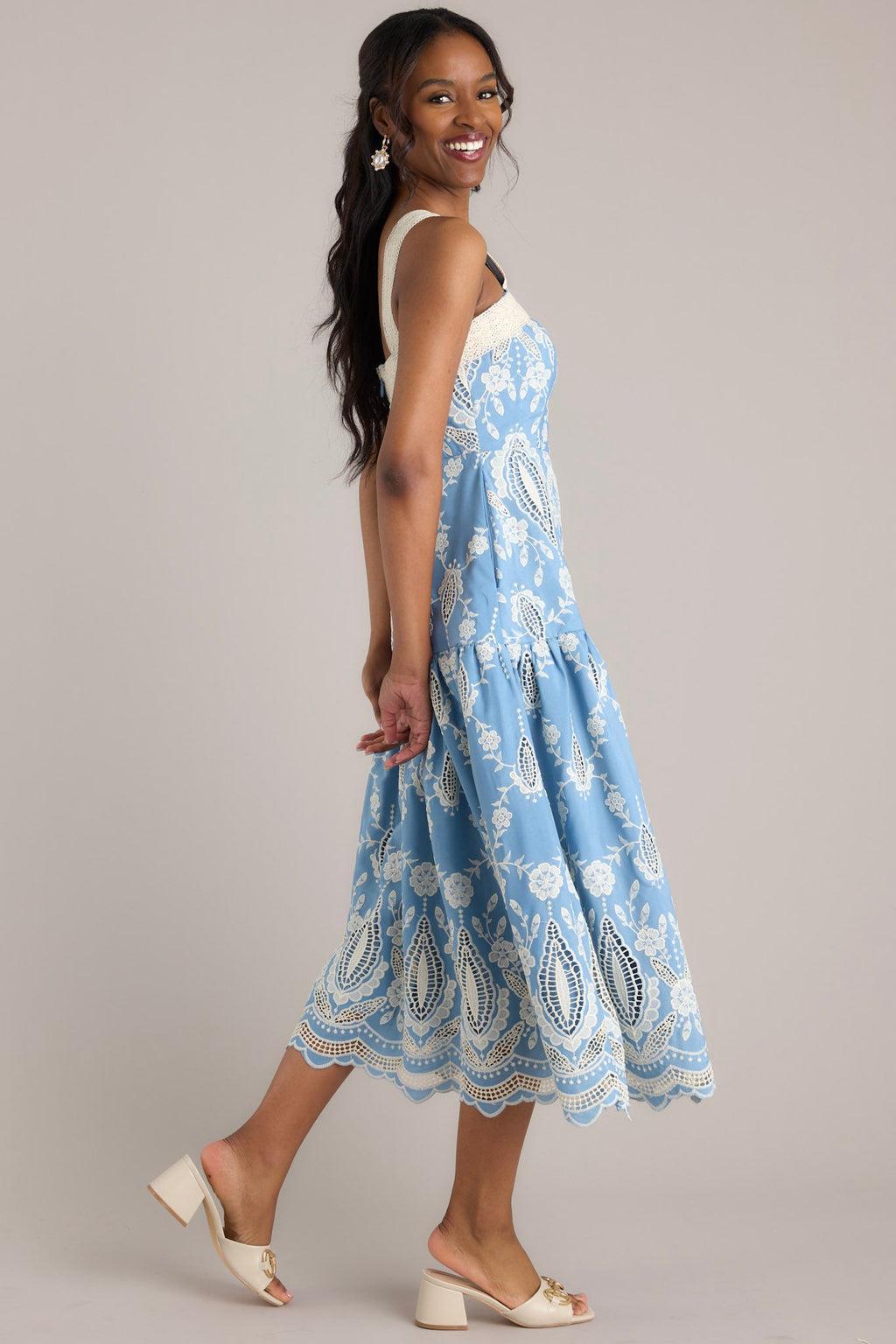 Forever Remembered Ash Blue Floral Embroidered Midi Dress Product Image