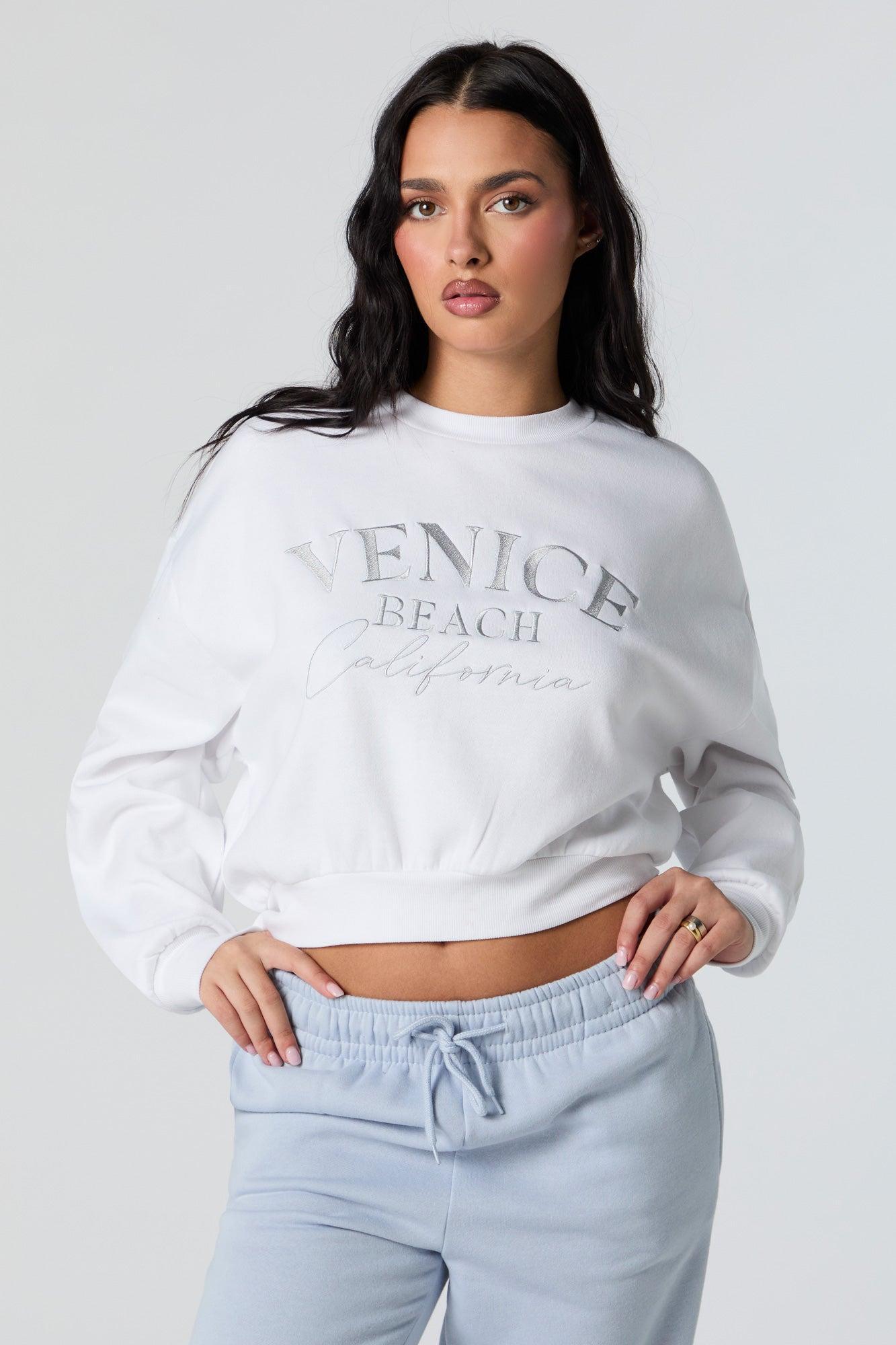 Venice Beach Embroidered Cropped Fleece Sweatshirt Female Product Image