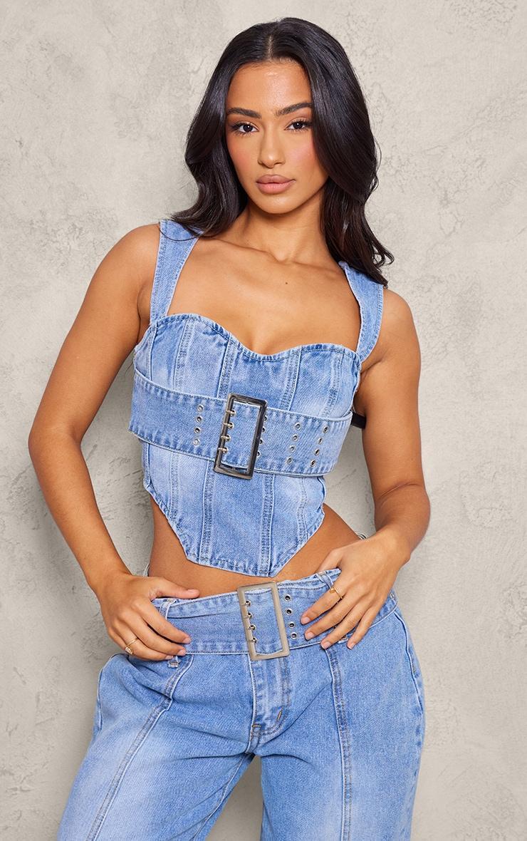 Petite Light Blue Denim Buckle Detail Corset Top product image