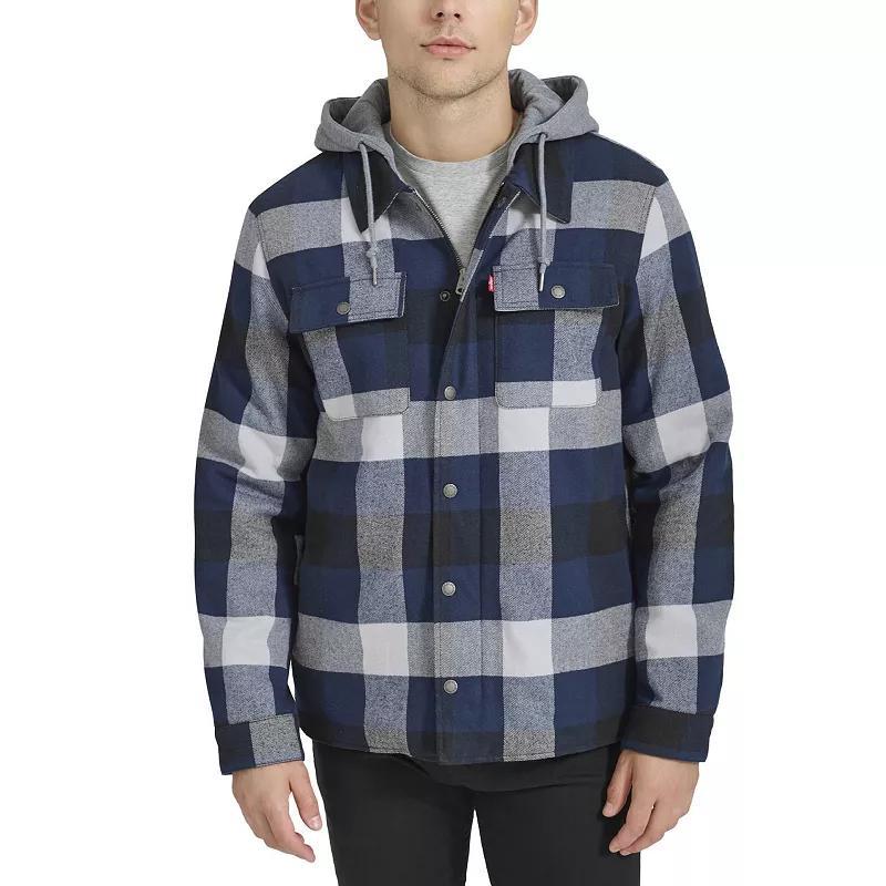 Mens Levis Shirt Jacket with Fleece Hood Blue Twill Plaid Product Image