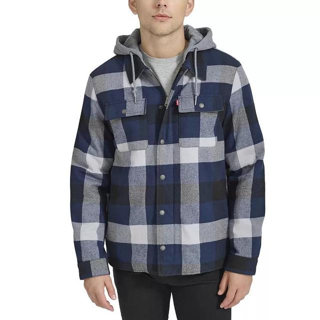 Mens Levis Shirt Jacket with Fleece Hood Blue Twill Plaid Product Image