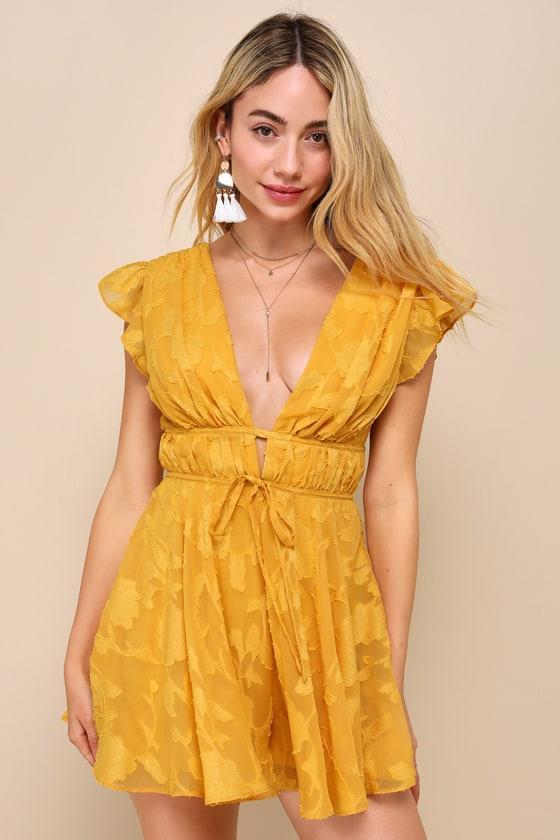 All About The Flowers Yellow Burnout Floral Ruffled Romper Product Image