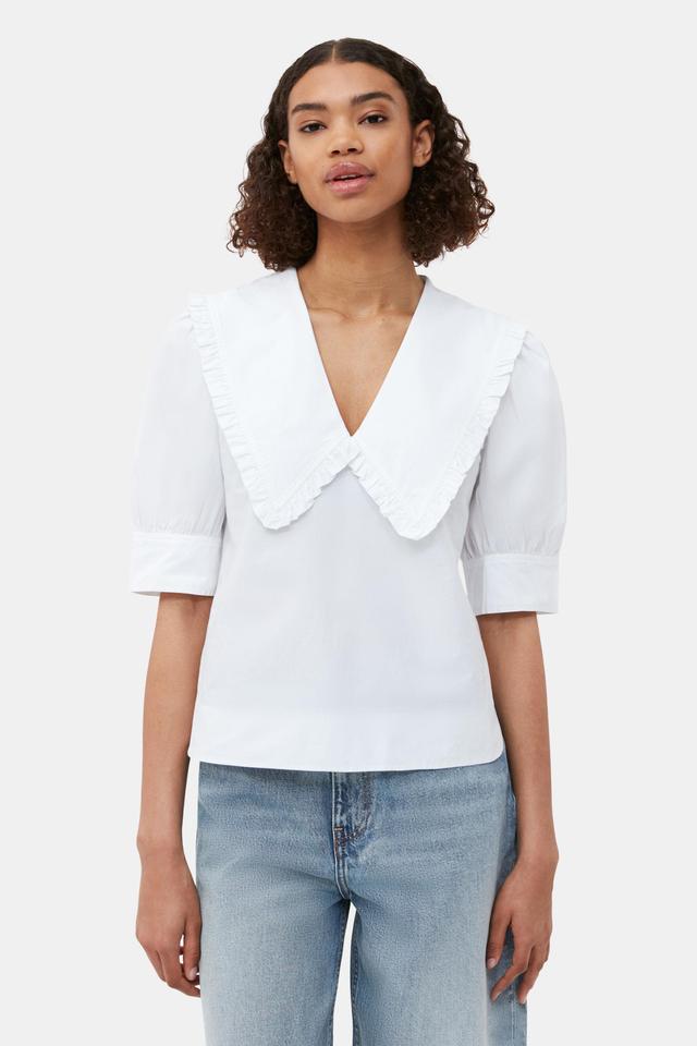 White Cotton Poplin V-neck Ruffle Blouse Product Image