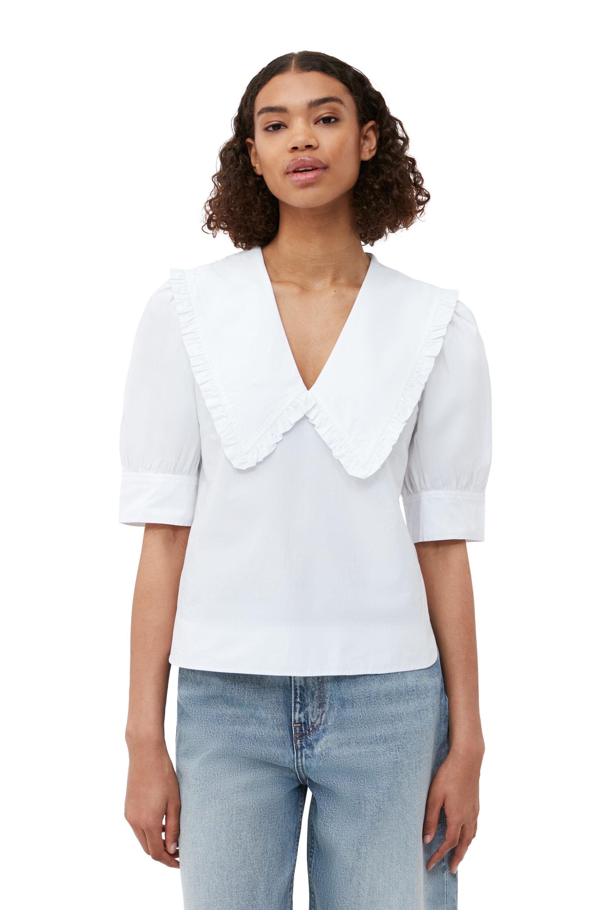 White Cotton Poplin V-neck Ruffle Blouse Product Image