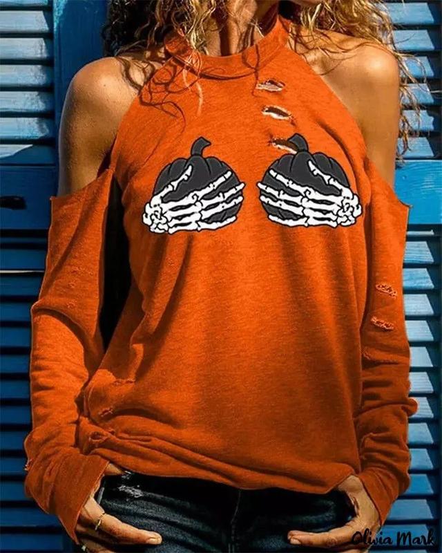 Olivia Mark – Halloween Pumpkin Skeleton Hands Patterned Top Product Image