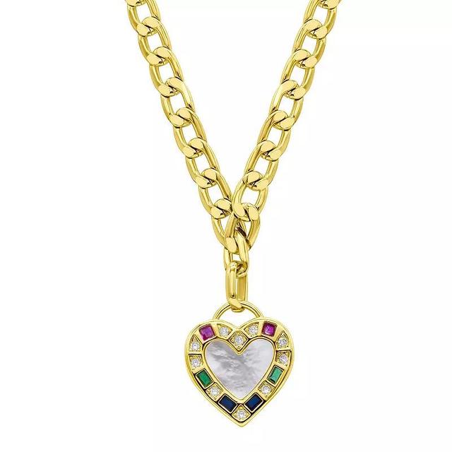 Adornia 14k Gold Plated Figaro Chain Mother-of-Pearl Heart Necklace, Womens White Product Image