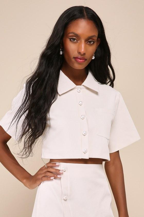 Undoubtedly Posh Cream Twill Pearl Cropped Shirt Jacket product image