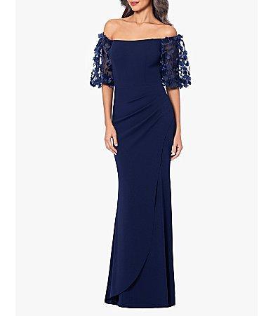 Xscape 3D Flower Applique Off-the-Shoulder Short Puffed Sleeve Scuba Crepe Sheath Gown Product Image