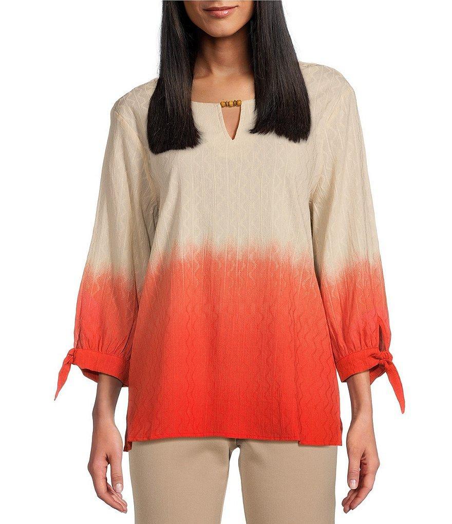 Allison Daley Petite Size Ombre 3/4 Tie Sleeve Keyhole Neck Top Product Image