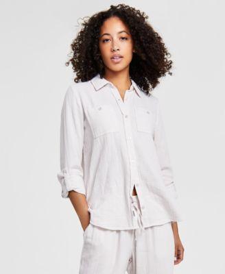 Petite Cotton Button-Front Roll-Sleeve Shirt Product Image