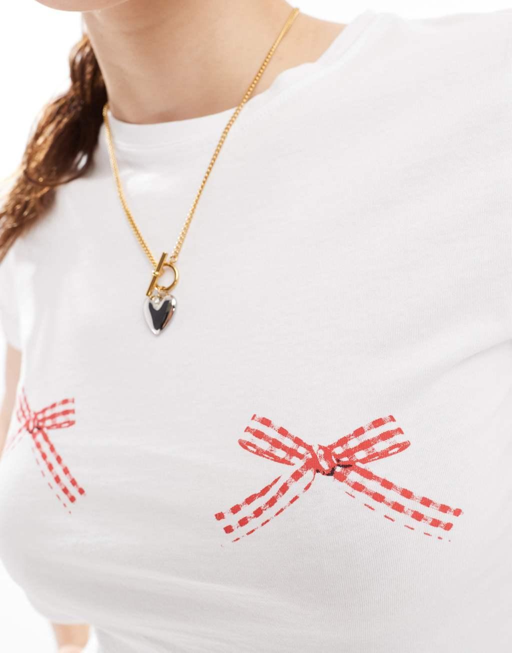 Stradivarius bow detail graphic t-shirt in white Product Image