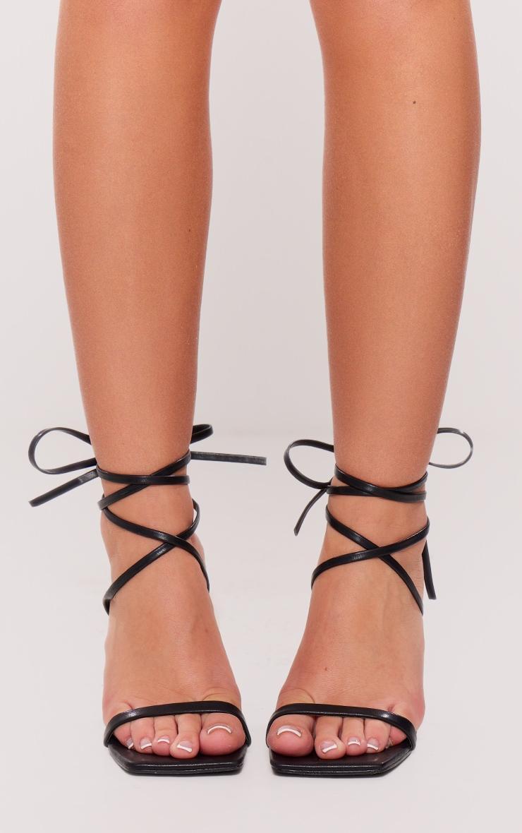 Black Pu Square Toe Lace Up Mid Heeled Sandals Product Image