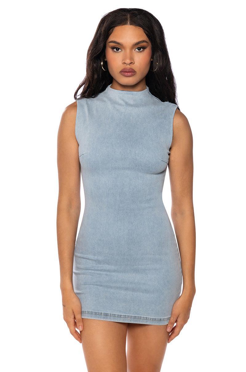 INTO THE NIGHT DENIM BODYCON MINI DRESS IN LIGHT BLUE Product Image