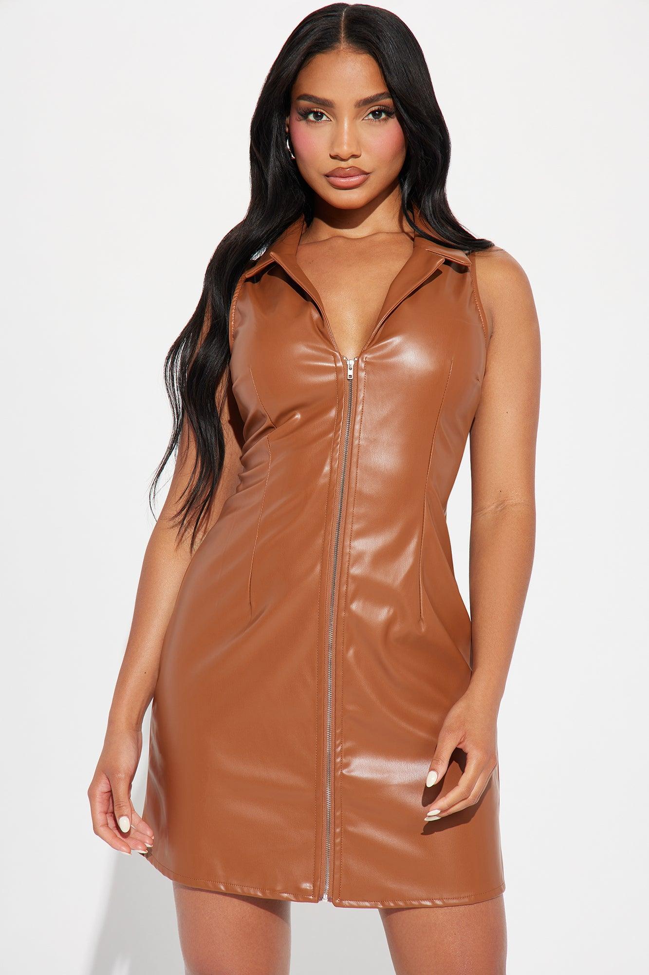 Urban Edge Leather Mini Dress - Cognac Product Image