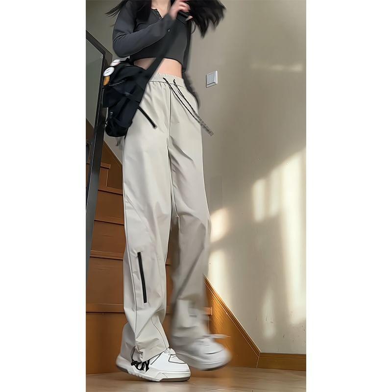 Drawstring Waist Plain Straight Leg Cargo Pants Product Image