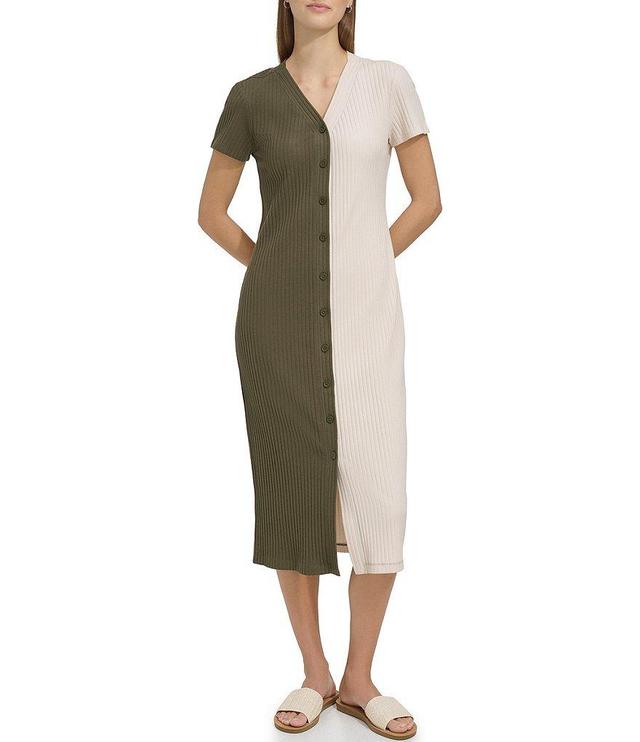 Andrew Marc Sport Ribbed Short Sleeve V-Neck Wide Rib Color Block Button Front Midi Dress Product Image