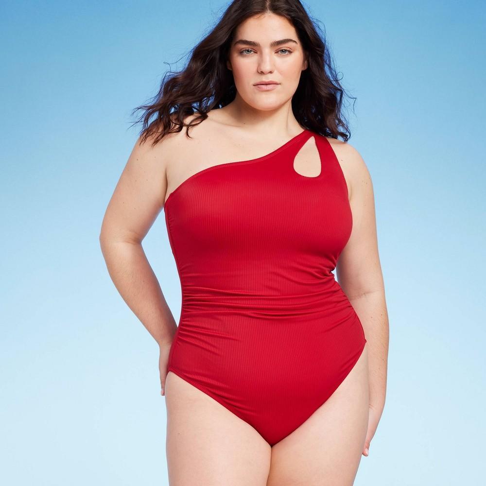 Womens One Shoulder Asymmetrical Cut Out One Piece Swimsuit - Shade & Shore Red Product Image