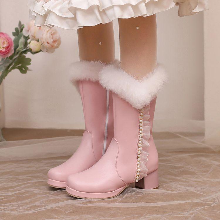 Block Heel Faux Fur Beaded Mid Calf Boots product image