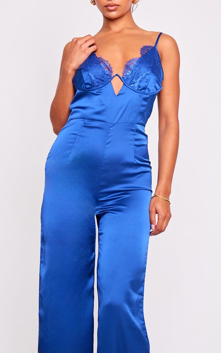 Blue Satin Lace Trim Detail Jumpsuit Product Image