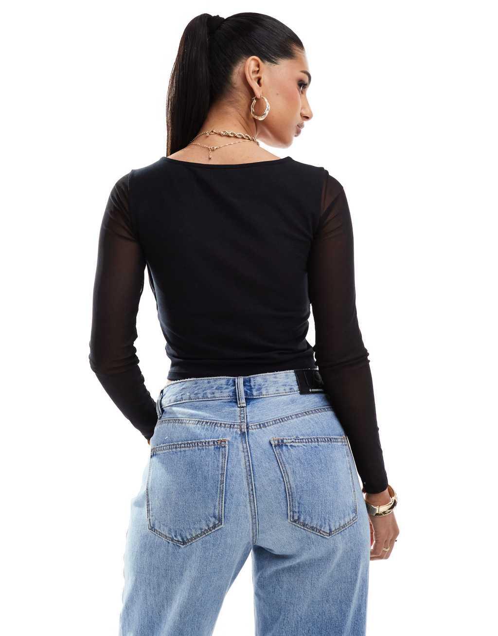 ASOS DESIGN square neck top with mesh sleeve in black Product Image