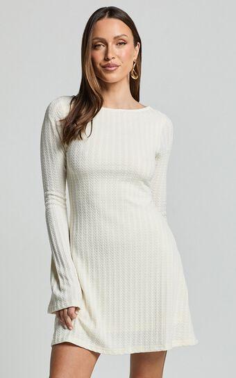 Melissa Mini Dress - Flared Long Sleeve A Line Dress in Off White Product Image