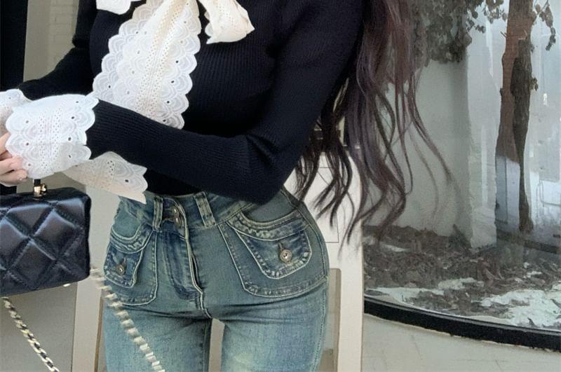 Long-Sleeve Tie-Neck Eyelet Lace Panel Slim Fit Crop Knit Top Product Image