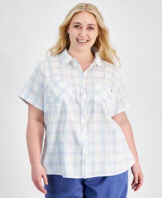 Plus Size Cotton Plaid Textured Camp Shirt Product Image