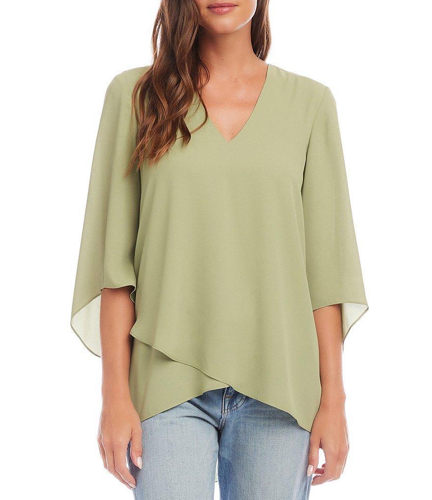 Karen Kane V-Neck 3/4 Sleeve Crossover Hem Silky Crepe Top Product Image